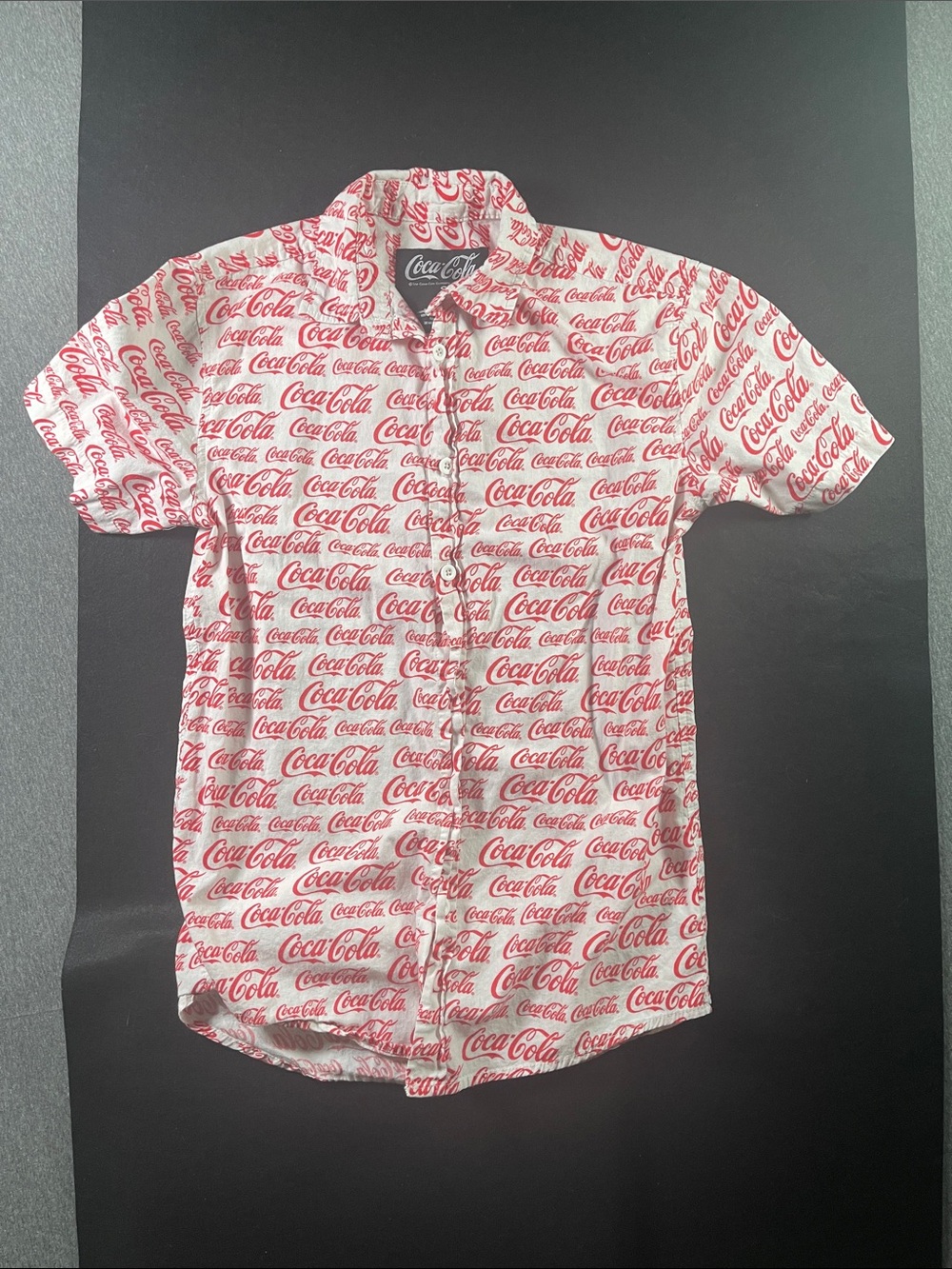 Coca Cola White Short Sleeve Button-Down Shirt with Red Logo Print